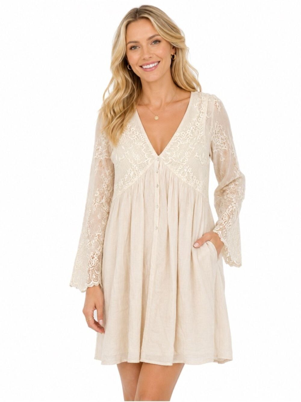 Bella Ella Lace Midi Dress Small Cream Neutral V-Neck Lined Romantic Cottagecore